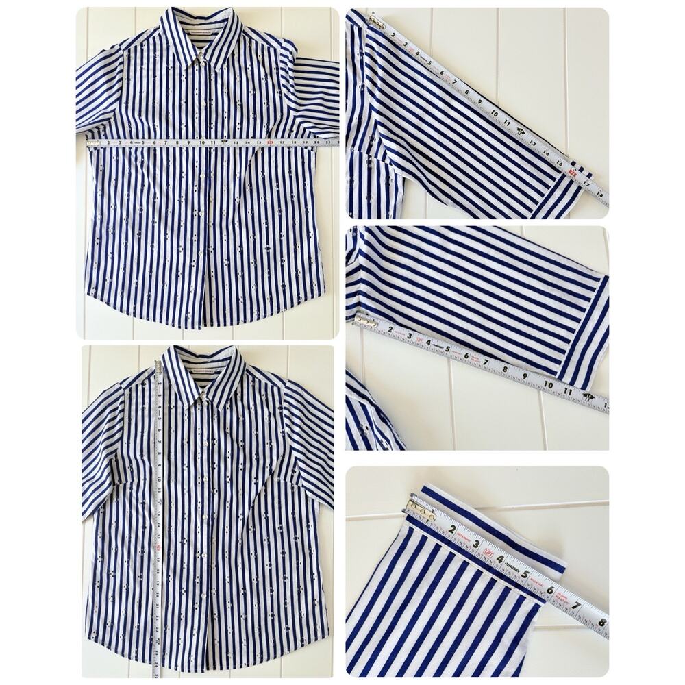 Allison Daley Striped Floral Eyelet Cotton Button Front Shirt Blue White Career - Picture 9 of 9